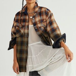 Free People Anneli Plaid Shirt Jacket Shacket in Navy Tobacco Combo